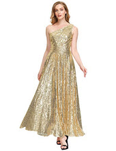 Load image into Gallery viewer, Kate Kasin Gold Sequined Evening Formal Gown One Shoulder Dress Formal, US10