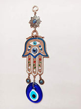 Load image into Gallery viewer, Erbulus Turkish Blue Hamsa Hand of Mother Fatima Evil Eye Wall Hanging Ornament - Turkish Nazar Bead Amulet – Good Luck Charm Gift -Metal Home Protection Decor in a Box