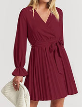 Load image into Gallery viewer, ZESICA Women's Sevy V Neck Long Sleeve Pleated A Line Wedding Cocktail Party Mini Dress with Belt,Wine,Small