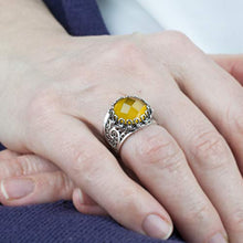 Load image into Gallery viewer, 925 Sterling Silver Yellow Chalcedony Round Filigree Paisley Ring (Size 6-10) (7)