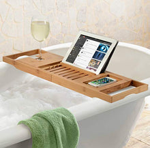 Load image into Gallery viewer, Premium Bamboo Bathtub Tray Caddy - Wood Bath Tray Expandable with Book and Wine Holder - Gift Idea for Loved Ones