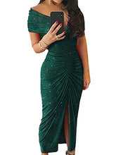 Load image into Gallery viewer, Ouregrace Womens Off Shoulder Sequin Sparkle Ruched Front Slit Bodycon Dress Evening Party Cocktail Gown S-XL (Green, (US 8-10) M)