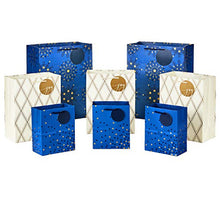 Load image into Gallery viewer, Hallmark Holiday Gift Bags Assorted Sizes (8 Bags: 3 Small 6", 3 Medium 9", 2 Large 13") Navy Blue and Gold Dots, Diamonds and Starry Snowflakes for Christmas, Hanukkah, Weddings, Graduations and More