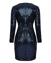 Load image into Gallery viewer, Mixfeer Women Sexy Bodycon Dress V Neck Long Sleeve Sequin Cocktail Party Club Evening Mini Dress Blue