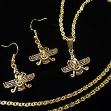 Load image into Gallery viewer, Asoodehdelan X-Small Double Sided Gold Pt Farvahar Necklace Earrings Set Iranian Persian Art Iran Farohar Gift (Necklace)