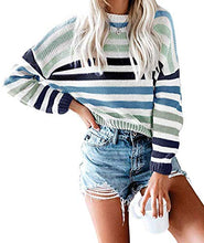 Load image into Gallery viewer, KIRUNDO Women’s Strip Color Block Short Sweater Long Sleeves Stitching Color Round Neck Loose Pullovers Jumper Tops (Medium, 2014-Denim Blue)