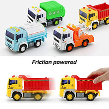 Load image into Gallery viewer, 4 Pack City Service Vehicle Car Truck Toy Set - Tow Truck,Dump Truck,Sprinkler,and Garbage Truck - with Friction Powered Wheels and Lights & Sounds