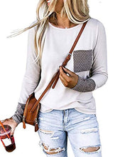 Load image into Gallery viewer, MEROKEETY Womens Long Sleeve Shirts Chevron Print Patchwork Pockets Casual Pullover Tops, A-White, M