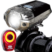 Load image into Gallery viewer, BLITZU Gator 390 USB Rechargeable LED Bike Light Set, Bicycle Headlight Front & Free Rear Back Tail Light. Waterproof, Easy to Install for Kids Men Women Road Cycling Safety Commuter Flashlight Black
