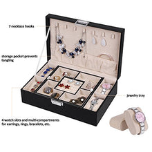 Load image into Gallery viewer, BEWISHOME Jewelry Box Organizer with 4 Watch Case Removable Tray Jewelry Display Storage Case - 7 Necklace Hook - Velvet Lining - Earring Ring Bracelet Case for Women Girls - Black PU Leather SSH07B