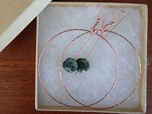 Load image into Gallery viewer, Agate Moss Earrings 3.5" Boutique Green Flower Crystal Healing Energy Gemstone Big Copper Hoop B01
