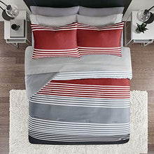 Load image into Gallery viewer, Comfort Spaces Colin 9 Piece Comforter Set All Season Microfiber Stripe Printed Bedding and Sheet with Two Side Pockets, Full, Red/Grey
