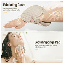 Load image into Gallery viewer, Suntee Exfoliating Back Scrubber for Shower, 3 PCS Loofah Back Scrubber with Exfoliating Glove and Sponge Pad Set, Long Deep Clean Back Washer Bath Shower Scrubber for Men and Women (36.5*4.5 inch)