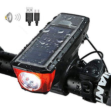 Load image into Gallery viewer, Solar USB Rechargeable Bike Front Lights Set 5 Modes 120db Bicycle Bell Horn 350 Lumens 4 Mode Waterproof Bicycle Headlight, USB Output Charge Your Mobile Phone, Road Cycling Safety Flashlight Lights