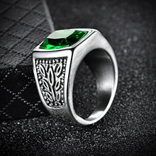 Load image into Gallery viewer, MASOP Titanium Steel Statement Ring Green Square Zircon Vintage Silver Tone Size 12
