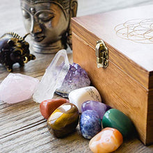Load image into Gallery viewer, Crystalya Premium Grade Crystals and Healing Stones in Wooden Display Box - 7 Tumbled Chakra Gemstones, Amethyst Crystal, Rose Quartz, Quartz Crystal Point + Guide & Instructions - Gift Kit