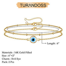 Load image into Gallery viewer, Dainty Layered Evil Eye Bracelets for Women, 14K Gold Filled Adjustable Layering Bead Chain Bracelet Handmade Gold Layered Round Evil Eye Bracelets for Women Jewelry(Round Evil Eye & Bead Chain)