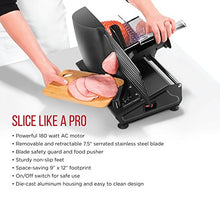 Load image into Gallery viewer, Chefman Die-Cast Electric Deli & Food Slicer Cuts Meat, Cheese, Bread, Fruit & Vegetables Adjustable Slice Thickness, Stainless Steel Blade, Safe Non-Slip Feet, For Home Use, Easy To Clean, Black