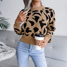 Load image into Gallery viewer, Women's Jumper Sweater Long Sleeve Knitwear Fashionable Leopard Print Casual Knit Slim Fit Hem Women Knitted Tops(L-Khaki)
