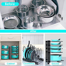 Load image into Gallery viewer, Pan Organizer Rack for Cabinet, Pot and Pan Organizer for Cabinet with 3 DIY Methods, Adjustable Pan Pot Rack with 8 Tiers, Heavy Duty Pot Organizer Deep U-shaped Design with Obstructed Slip Layer