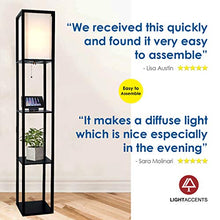 Load image into Gallery viewer, Floor Lamp with Shelves - Room Light by Lightaccents - Corner Storage Standing Bookshelf Lamp - Bedroom Light with Wooden Storage Shelves and White Cotton Linen Shade (Black)