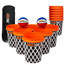 Load image into Gallery viewer, BasketPongβ’ Giant Yard Pong X Basket Ball Game with Durable Balls and Buckets - Outdoor Game for Lawn, Backyard and Beach - Set Includes 12 Buckets, 2 Basket Balls and a Carrying Bag