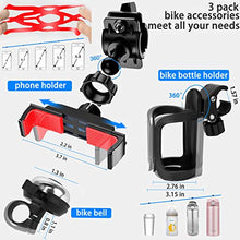 Load image into Gallery viewer, 3 Pack Bike Water Bottle Holder, Silicone Phone Holder Secure, Aluminum Bike Bell, 360° Cup Holder Bottle Cage for Bike Motorcycle Stroller, Phone Mount Any Smart Phone, Bicycle Bell, Bike Accessories