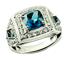 Load image into Gallery viewer, RB Gems Sterling Silver 925 Statement Ring Genuine Gemstone Cushion 8 mm, Rhodium-Plated Finish, Art Deco (11, London-Blue-Topaz)