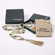 Load image into Gallery viewer, BALIBALI 108 Mala Beads Necklace Semi-Precious Gem Stones Meditation Necklace 108 Hand Knotted Japa Mala Beaded Tassel Necklace with Tree of Life Pendant
