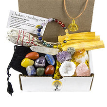 Load image into Gallery viewer, White Sage, Palo Santo Wood & Crystal Healing Kit (17Pc) ~ Smudge Stick, Palo Santo Sticks, Raw Crystals, Quartz Obelisk, 7 Chakra Stones, +Bracelet & Spiral Pendant Necklace w COA & Info Card