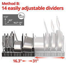 Load image into Gallery viewer, Vdomus extensible pot rack organizer with 4 DIY methods, length adjustable and max extended to 31 inches 13+ pans holder, black metal kitchen cabinet pantry pot lid holder