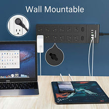 Load image into Gallery viewer, Power Strip Flat Plug, AUOPRO 12 Outlet Surge Protector with 4 USB, Grounded Desktop Extension Cord, 1050J, Dual Switch, Wall Mountable, 9.8 ft Long Cable for Computer Garage Workshop Home Office