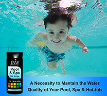Load image into Gallery viewer, JNW Direct Pool and Spa Test Strips - Quick and Accurate Pool Test Strips - 7-1 Pool Test Kit - 100 Bromine, pH, Hardness and Chlorine Test Strips - with Ebook and App - 100 Water Test Strips