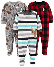 Load image into Gallery viewer, Simple Joys by Carter's Baby Toddler 3-Pack Loose Fit Flame Resistant Fleece Footed Pajamas, Arctic Animals/Stripe Mouse/Buffalo Check, 2T