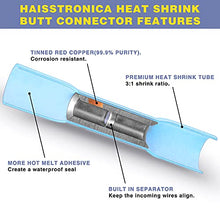 Load image into Gallery viewer, haisstronica 200PCS 16-14 Awg Blue Heat Shrink Butt Connectors-Tinned Red Copper 0.8mm-Marine Grade Insulated Crimp Wire Connectors-Waterproof Electrical Connectors-Butt Splice for Marine,Boat,Stereo