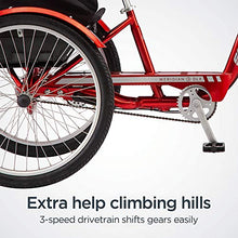 Load image into Gallery viewer, Schwinn Meridian Deluxe Adult Tricycle Bike, Three Wheel Cruiser, 26-Inch Wheels, Low Step-Through Aluminum Frame, Adjustable Handlebars, Large Cruiser Seat, Rear Folding Basket, 3-Speed, Red