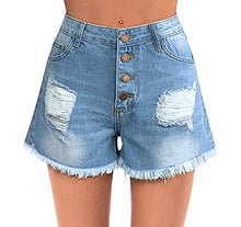 Load image into Gallery viewer, roswear Women's Button Fly Raw Hem Mid Rise Ripped Jean Shorts Blue X-Large