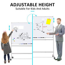 Load image into Gallery viewer, Magnetic Mobile Whiteboard - 36x24" Adjustable Height and 360° Reversible Double-Sided Dry Erase Board Aluminum Frame - White Board with Stand, 4 Markers & Magnets