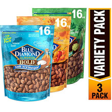 Load image into Gallery viewer, Blue Diamond Almonds Bold Favorites Variety Pack - Salt 'n Vinegar, Habanero BBQ, & Wasabi & Soy Sauce, Bold Variety Pack, 16 Ounce (Pack of 3)