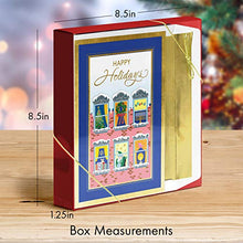 Load image into Gallery viewer, Designer Greetings Interfaith Boxed Christmas Cards, Apartment Windows with Christmas and Hanukkah Holiday Symbols (Box of 18 Gold Foil Embossed Cards with Envelopes)