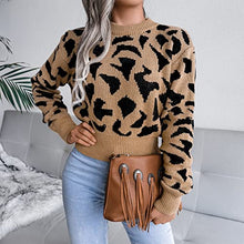 Load image into Gallery viewer, Women's Jumper Sweater Long Sleeve Knitwear Fashionable Leopard Print Casual Knit Slim Fit Hem Women Knitted Tops(L-Khaki)