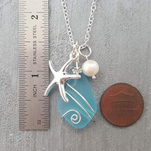 Load image into Gallery viewer, Handmade in Hawaii, Wire Wrapped Turquoise Bay blue sea glass necklace, Starfish charm, freshwater pearl, (Hawaii Gift Wrapped, Customizable Gift Message)