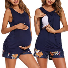 Load image into Gallery viewer, Ekouaer Sleeveless Maternity Women Top Nursing Pajamas Set Side Ruched Maternity Pj Set Nursing Pjs Set for Pregnant Wear Floral Navy Blue M