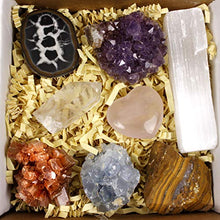 Load image into Gallery viewer, Dancing Bear Deluxe Healing Crystals (8 pc Set), Premium Collection: Amethyst Cluster, Rose Quartz Heart, Celestite, Quartz Point, Selenite Stick, Metaphysical Info Guide, Chakra Stones