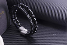 Load image into Gallery viewer, HASKARE Mens Bead Leather Bracelet, Tiger Eye Black Obsidian Braided Genuine Leather Beads Bracelet with 316L Stainless Steel Magnetic Closure for Men