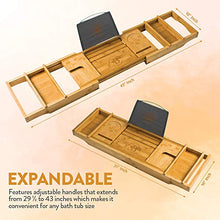 Load image into Gallery viewer, Luxury Bamboo Bathtub Tray Caddy - Expandable and Nonslip Bath Caddy with Book/Tablet and Wine Glass Holder - Great Gift Idea for Loved Ones