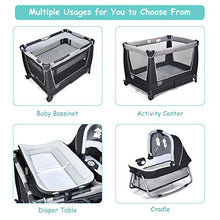Load image into Gallery viewer, BABY JOY 4 in 1 Portable Baby Playard with Bassinet, Changing Table, Foldable Bassinet Bed & Activity Center, Newborn Napper with Toys & Music, Large Capacity Storage Shelf, Oxford Carry Bag (Grey)