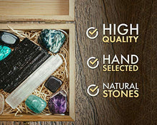 Load image into Gallery viewer, Crystalya Premium Grade Crystals and Healing Stones for Protection EMF in Wooden Box– Obsidian, Fluorite, Malachite, Hematite, Amethyst, Tree Agate, Quartz, Selenite, Tourmaline Gemstones + Info Guide