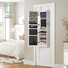 Load image into Gallery viewer, SONGMICS 6 LEDs Mirror Jewelry Cabinet, 47.2"H Lockable Wall/Door Mounted Jewelry Armoire Organizer with Mirror, 2 Drawers, White UJJC93W