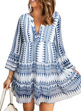 Load image into Gallery viewer, Dokotoo Women Dress Fashion Color Block Ruffle V Neck Flared Long Sleeve Mini Dress Casual Loose Babydoll Dress Pleated Short Dresses Chiffon Dress for Women Summer Autumn,US 8-10(M),Blue